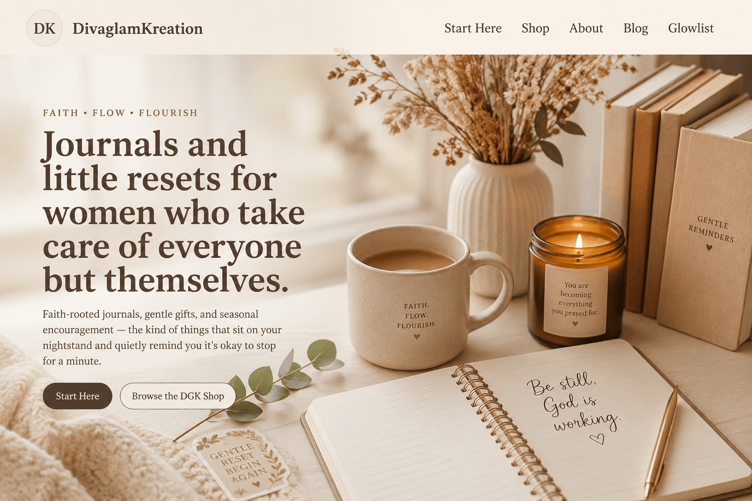 Cozy journaling scene with a vase, warm drink, candle, and journal