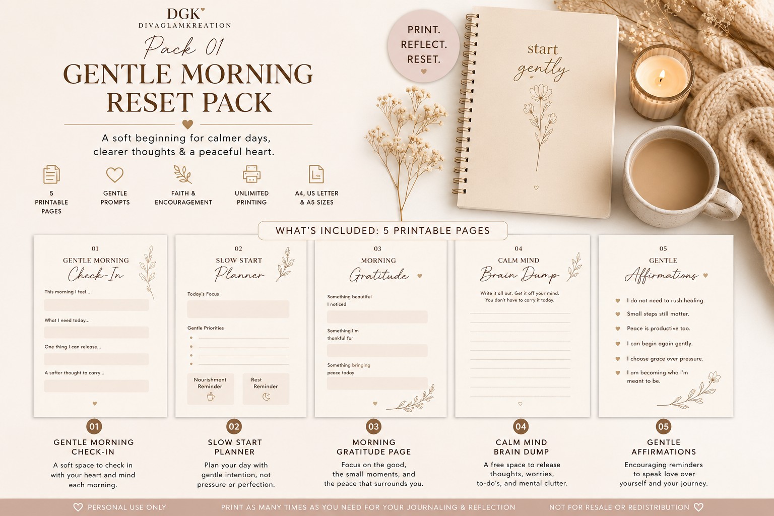 Gentle Morning Reset Pack with five printable reflection pages