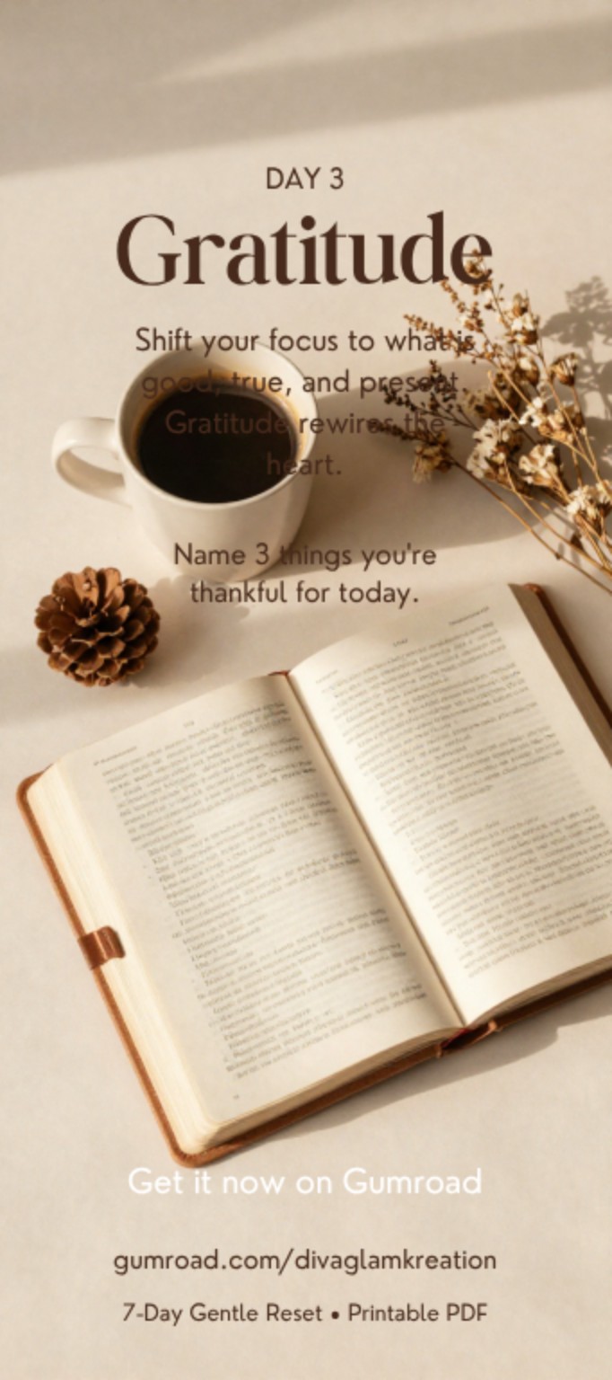 Open Gentle Reset journal beside a pinecone and neutral stationery